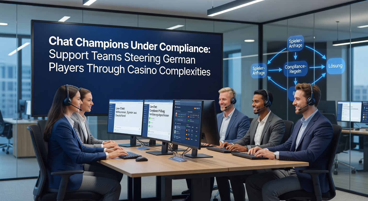 Ein dynamisches Chat-Interface mit Support-Mitarbeitern, die deutsche Spieler in Echtzeit durch Casino-Regeln führen, umgeben von Compliance-Symbolen wie Schloss und Waage