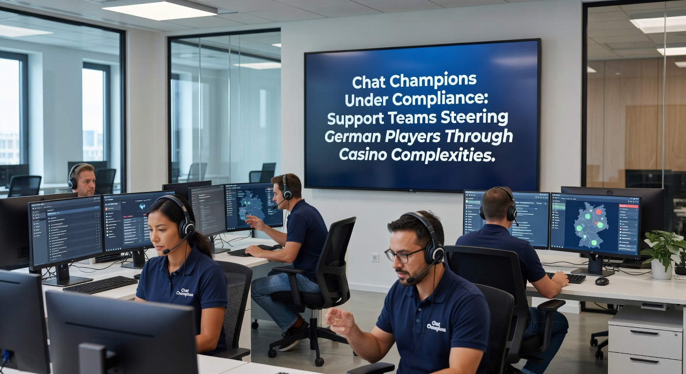 Support-Team in Aktion: Mitarbeiter am Multi-Monitor-Setup bearbeiten Chats, mit Compliance-Checklisten und Spieler-Feedback-Screens im Hintergrund