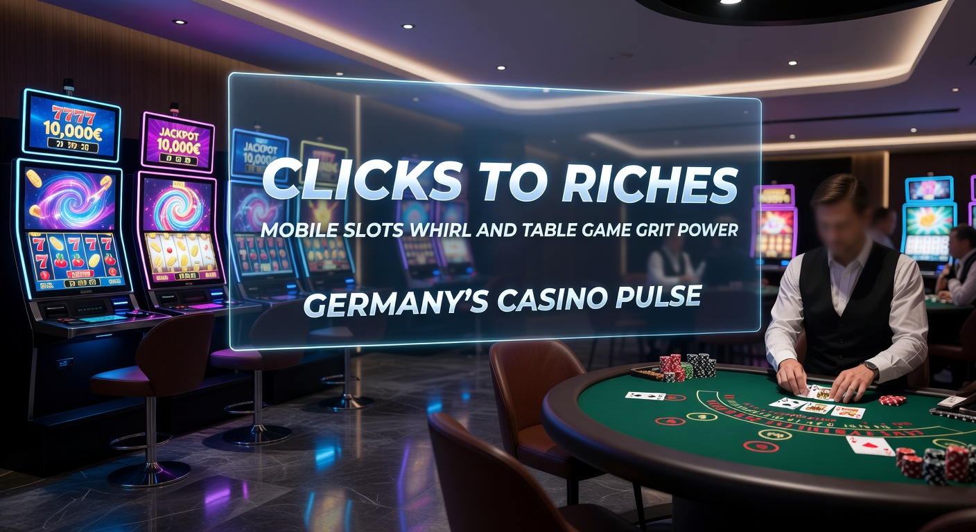 Dynamisches Smartphone mit rotierenden Slot-Walzen und Tischspiel-Karten im Hintergrund, symbolisierend den mobilen Casino-Boom in Deutschland