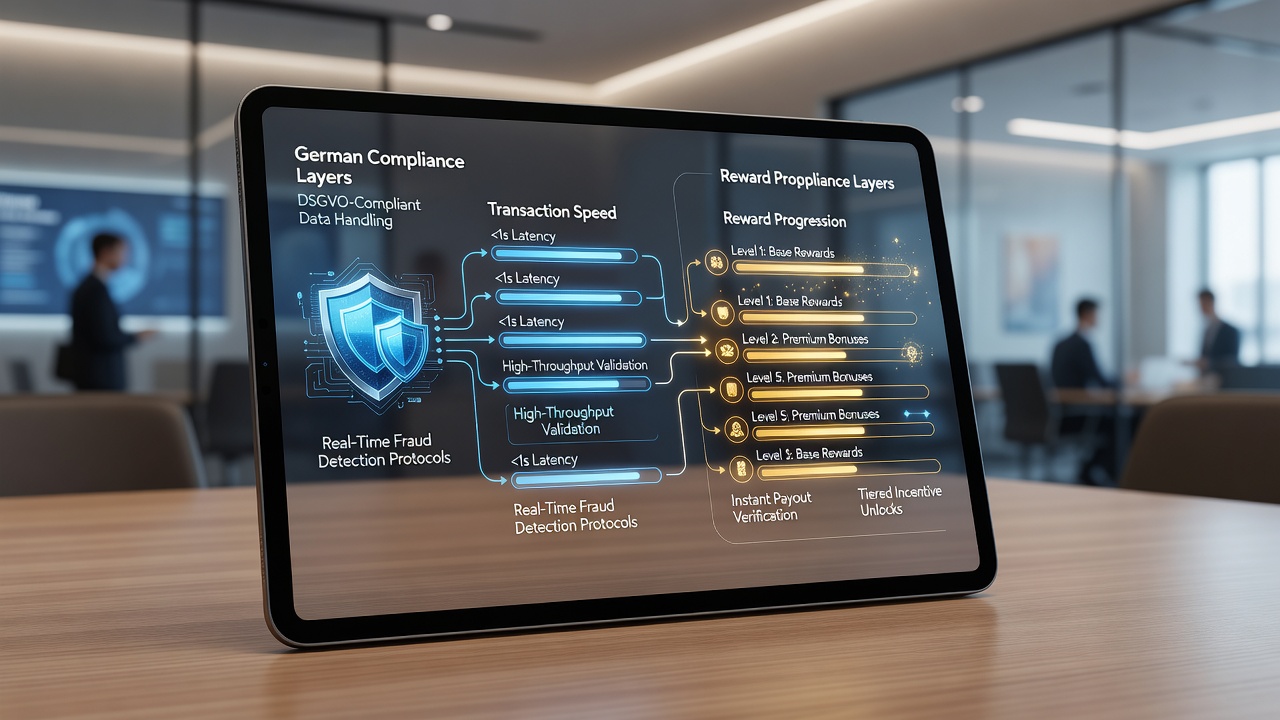 Darstellung der Datenflüsse zwischen Transaktionsprotokollen und gestaffelten Anreizsystemen auf mobilen Plattformen