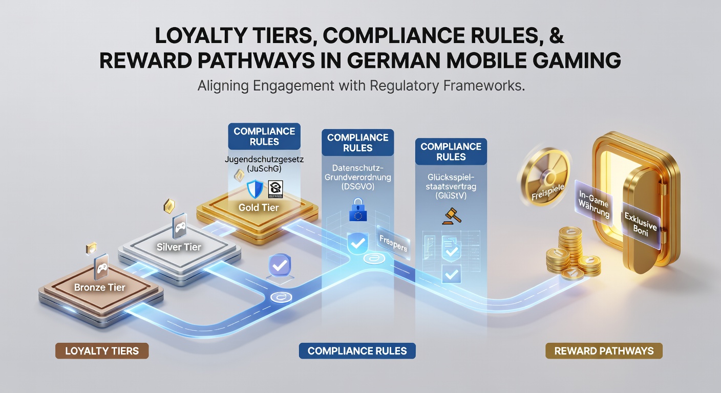 Mobile Gaming-Plattform mit Treuestufen-Elementen und Compliance-Symbolen in Deutschland
