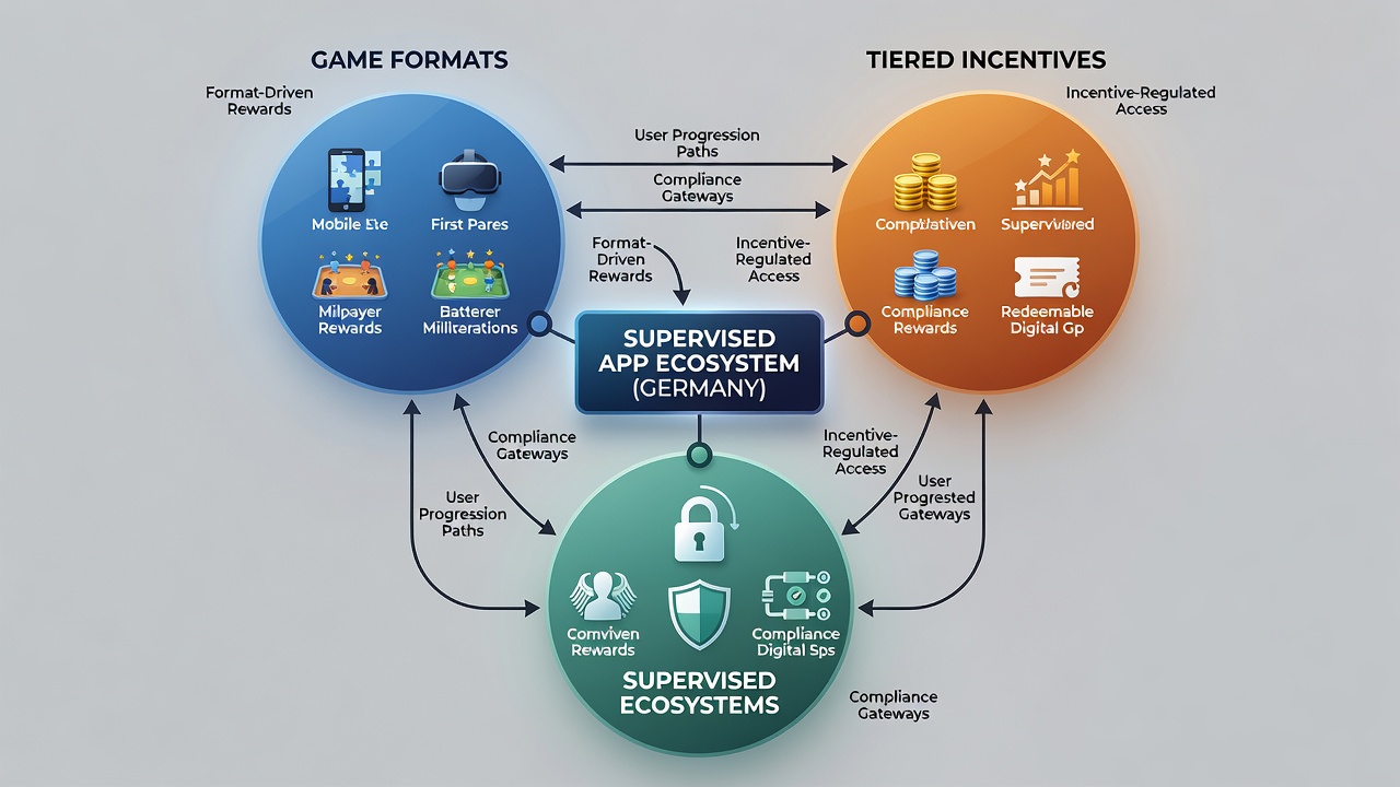 Illustration der technischen Verknüpfungen zwischen mobilen Spielformaten und gestaffelten Anreizsystemen unter deutscher Aufsicht