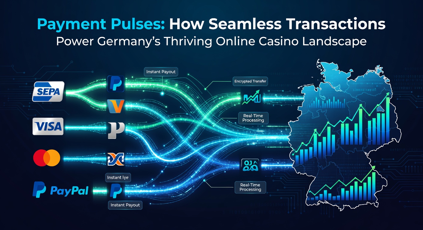 Grafik mit wellenförmigen Zahlungspulsen, die Sicherheitsbarrieren durchbrechen und zu einem blühenden Casino-Landschaftssymbol führen, illustriert den Fluss von Transaktionen in Echtzeit