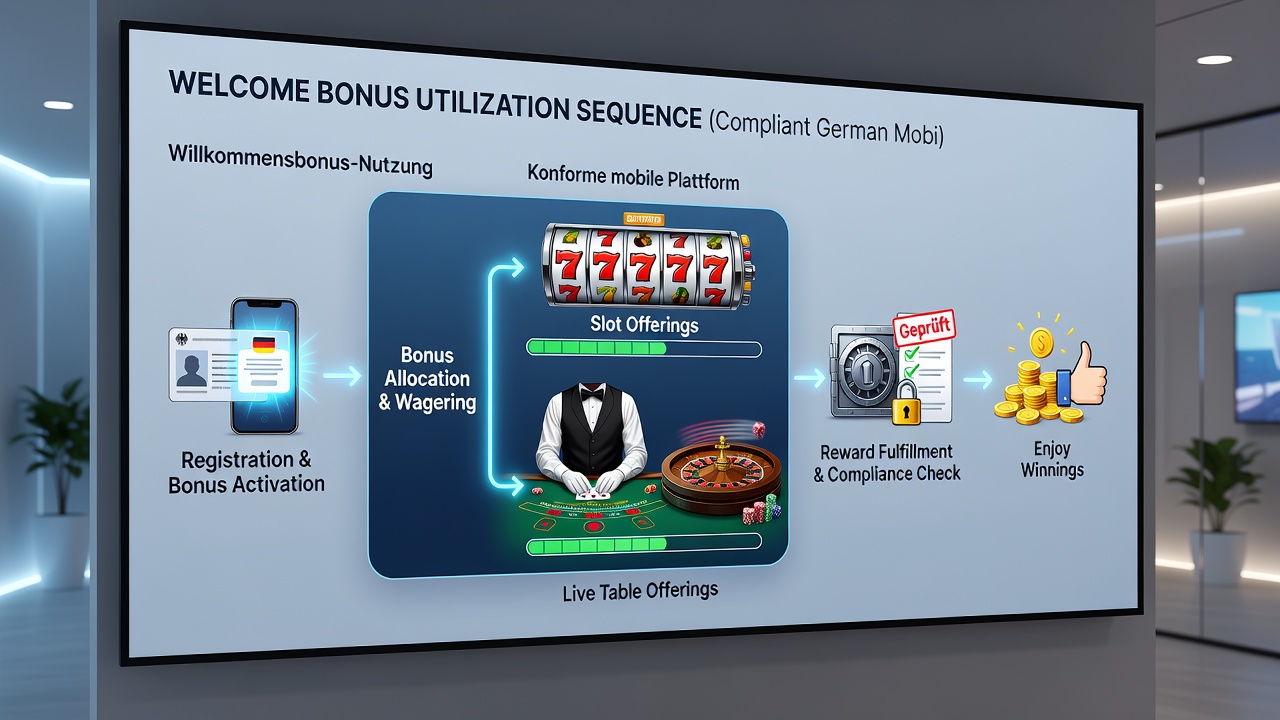 Mobile Casino-Schnittstelle mit Sequenzen für Willkommensboni über Slots zu Live-Tischen