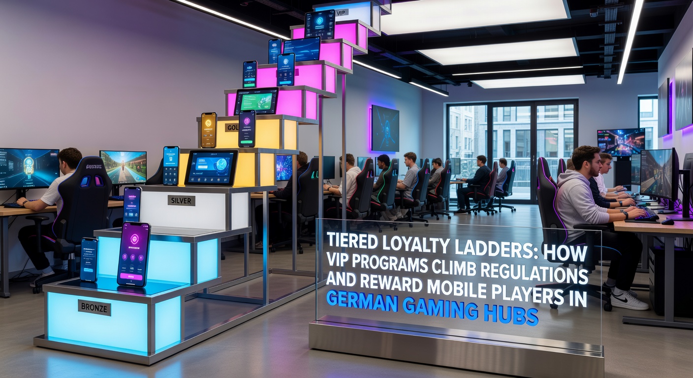 Grafik einer gestuften VIP-Leiter mit Belohnungsstufen für mobile Casino-Spieler in Deutschland, die Aufstiegsmöglichkeiten und regulatorische Hürden visualisiert